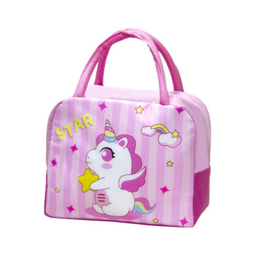 Geanta Termoizolanta pentru Copii, Cyrax, 23x13x19 cm, Model Imprimeu Unicorn, din Folie de Aluminiu si Panza Oxford, Roz