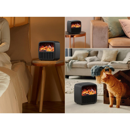 Mini Aeroterma Portabila,  Display LCD, Flacara Tip Semineu, 1500W, 2 Trepte, Oprire Automata, 22 x 22 x 15 cm, Negru