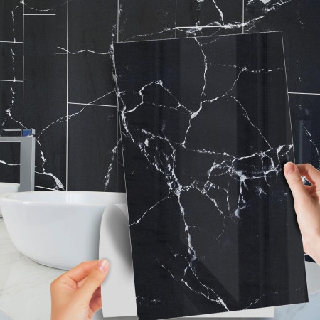 Set 10 Placi Tapet,  60 x 30 cm, Grosime 1.5 mm, din PVC, Model Imitatie de Marmura, Suprafata acoperita 1.8 mp, Negru