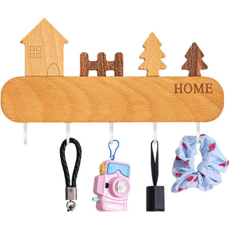 Suport pentru Chei,  din Lemn, Aplicare fara Perforare, Adeziv Inclus, 5 Carlige Albe, Model Casuta, Greutate Suportata 5 kg, 13.5 x 23 cm, Maro