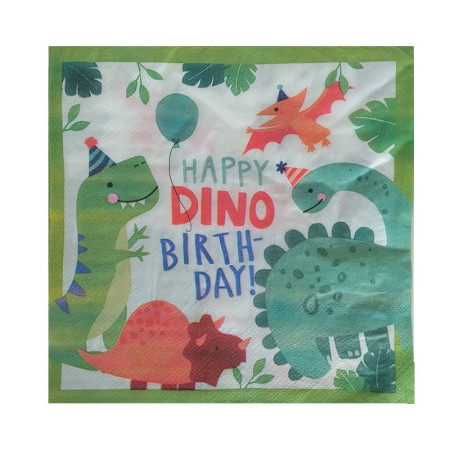 Set 20 de Servetele de Masa Happy Birthday, Cyrax, Model Dinozauri, Tematica Aniversare, 33x33 cm, Verde