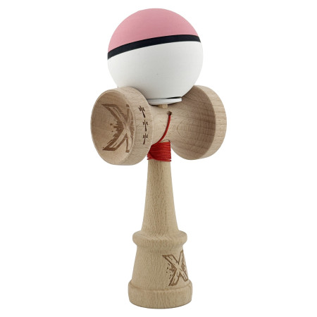 Kendama X Originala, Profesionala, Cyrax, Cupe Mari KING SIZE V3, Rubber Grip, Gaura in Baza, Rulment Metalic, din lemn 18 cm, Ata 62/65 cm, S Bicolor Roz/Alb
