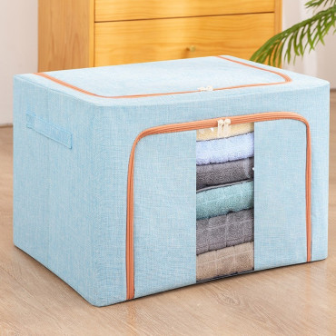 Cutie de depozitare pliabila,  Cu fermoar, 100 L, Textil, 60x42x40 cm, Cadru Metalic, Suport Baza Stabil din Plastic, Bleu