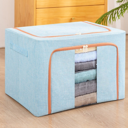 Cutie de depozitare pliabila,  Cu fermoar, 100 L, Textil, 60x42x40 cm, Cadru Metalic, Suport Baza Stabil din Plastic, Bleu