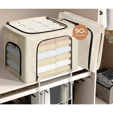 Cutie de Depozitare,  cu 3 Ferestre cu Fermoar Bidirectional, Cadru din Otel, Impermeabil, 38L, 42 x 30 x 30 cm, Bej