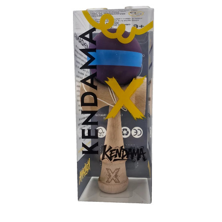 Jucarie Kendama X Originala, Profesionala, Cyrax, din Lemn, Rubber Grip, 18 cm, Mov/Albastru
