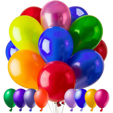 Set 50 Baloane din Latex, Cyrax, Model Party, Multicolor, 7x Albastru, 7x Verde, 7x Galben, 7x Mov, 7x Portocaliu, 7x Roz, 8x Rosu, 23 cm, 1.4 g