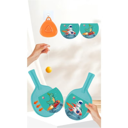 Set 2 Palete de Tenis de Masa, Cyrax, pentru Copii, Design Animat, Tematica Astronauti, Accesoriu de Agatat Inclus si 2 Mingi, Albastru
