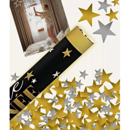 Tub de Confetti, Cyrax, Bonne Annee, 30x5 cm, Confetii Stelute din Aluminiu, Auriu/Argintiu