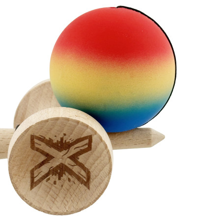 Kendama X Originala, Profesionala, Cyrax, Cupe Mari KING SIZE V3, Rubber Grip, Gaura in Baza, Rulment Metalic, din lemn 18 cm, Ata 62/65 cm, Gradient Rosu/Galben/Albastru