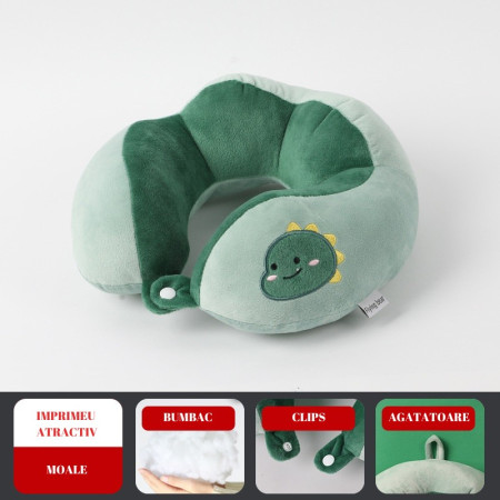 Perna de Calatorie,  Pentru Gat si Cap, Umplutura din Bumbac, 28x28x10 cm, cu Model Brodat Dinozaur, Verde