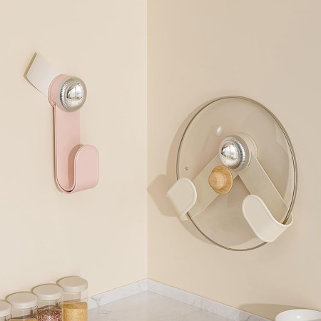 Suport pentru Capace Vase, Cyrax, Suport de Depozitare pentru Capacul Oalei in Bucatarie, cu Ventuza, Usor de Montat pe Perete, 19 x 6 x 5 cm, Alb Crem