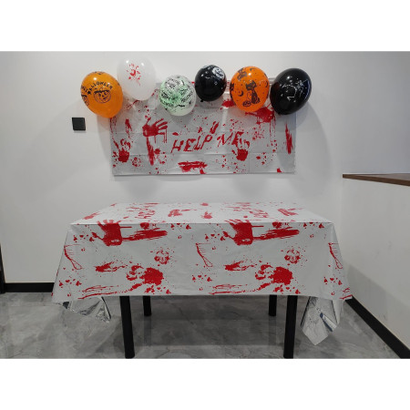 Fata de Masa, Cyrax, din Folie, Imprimeu Halloween - Help Me, 137 x 274 cm, Alb/Rosu
