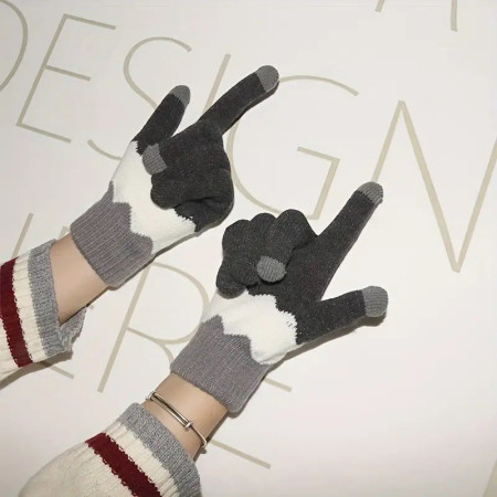 Manusi de Dama,  Model Ondulat, Functie Touchscreen (ecran tactil), Material Acril Tricotat, Manseta Elastica, Interior Catifelat, Marime Universala, Gri/Alb