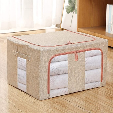 Cutie de depozitare pliabila,  Cu fermoar, 100 L, Textil, 60x42x40 cm, Cadru Metalic, Suport Baza Stabil din Plastic, Crem cu Doua Ferestre