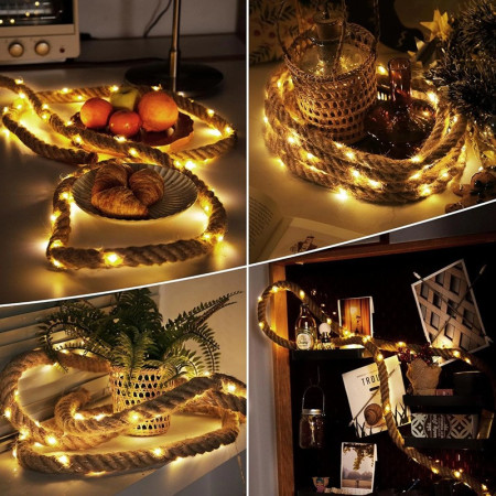 Instalatie Luminoasa,  cu Fir de Cupru, 3 m, 60 LED-uri, Model Sfoara de Canepa, cu Baterii, 8 Jocuri de Lumini, IP44, Alb Cald