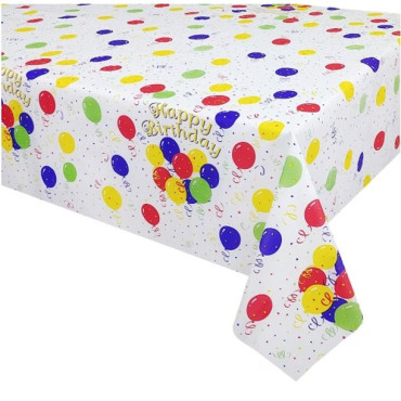 Fata de Masa, Cyrax, din PEVA, Imprimeu Happy Birthday cu Baloane, 137 x 274 cm, Impermeabila, Fara Pete, Curatare Rapida, Multicolor