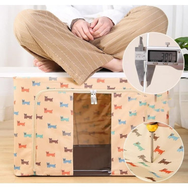 Cutie de Depozitare Pliabila,  66 L, Panza Oxford, 50x40x33 cm, Fereastra Frontala, 2 Usi de Acces cu Fermoar Bidirectional, Cadru Metalic, Suport Baza Stabil din Plastic, Imprimeu Catelus, Bej