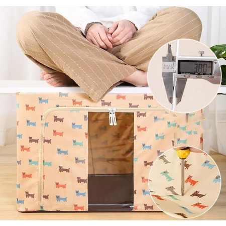 Cutie de Depozitare Pliabila,  66 L, Panza Oxford, 50x40x33 cm, Fereastra Frontala, 2 Usi de Acces cu Fermoar Bidirectional, Cadru Metalic, Suport Baza Stabil din Plastic, Imprimeu Catelus, Bej