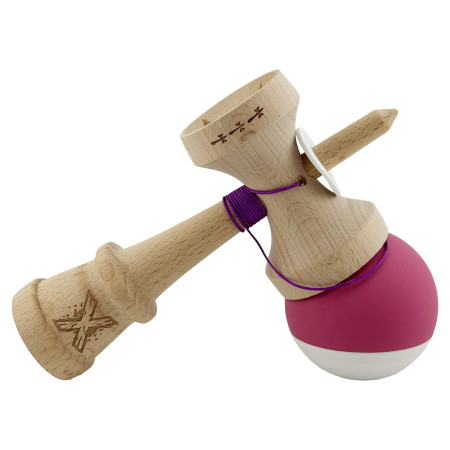 Kendama X Originala, Profesionala, Cyrax, Rubber Grip, Cupe Mari KING SIZE V3, Gaura in Baza, Rulment Metalic, din lemn 18 cm, Ata 62/65 cm, Bicolor Roz inchis/Alb