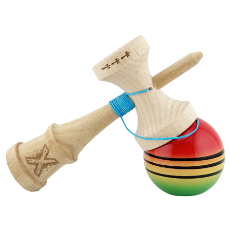 Kendama X Originala, Profesionala, Cyrax, Big Cups V2, Super Sticky Legendary Cupe Mari, Rulment Metalic cu Ata 55 cm, Rosu/Galben/Verde