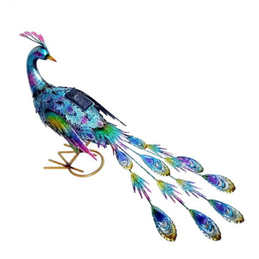 Decoratiune de Gradina cu Lampa solara,  Model Paun Pitic, Iluminare Led si Incarcare Solara, 66 x 33.5 x 26.5 cm, din Fier, Albastru Multicolor