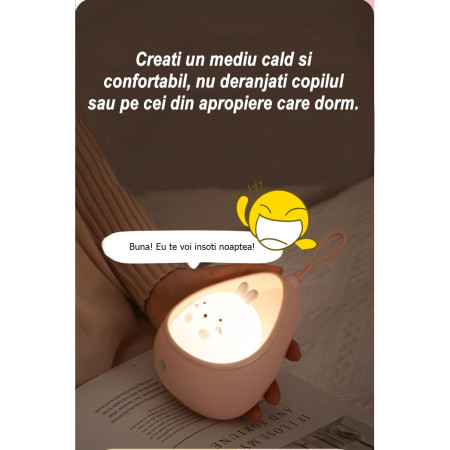 Lampa de veghe portabila cu 2 moduri de functionare  silicon non-toxic, reincarcabila USB, senzor miscare, alb, iepuras