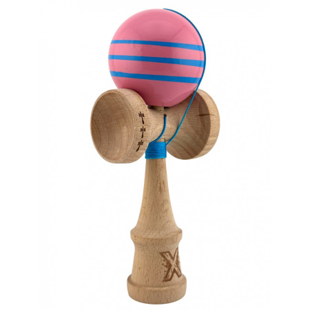 Kendama X Originala, Profesionala, Cyrax, Big Cups V2, Super Sticky Legendary Cupe Mari, Rulment Metalic cu Ata 55 cm, Roz/Linii Albastre deschise