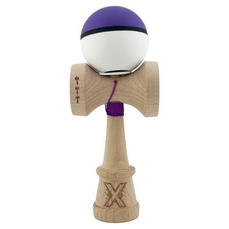 Kendama X Originala, Profesionala, Cyrax, Cupe Mari KING SIZE V3, Rubber Grip, Gaura in Baza, Rulment Metalic, din lemn 18 cm, Ata 62/65 cm, S Bicolor Mov/Alb