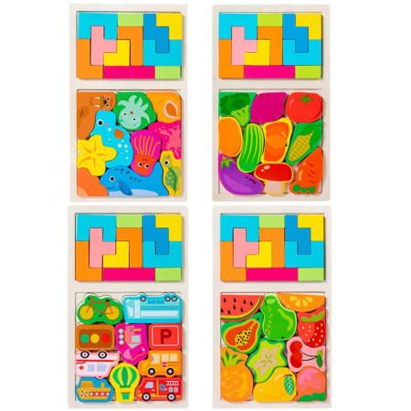 Puzzle Montessori din Lemn pentru Copii, Cyrax, Tip Tetris 2in1 +3 Ani, cu Fructe Colorate 3D, Educativ, Intuitiv, Creativ, 21 de Piese, 28.5x17x1.2 cm, Multicolor