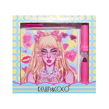 Set de Machiaj, Kevin & Coco, 26 de Culori, Pigmentate, Fard de ochi, Ruj, Gloss, Fard Obraz, 19x18x2 cm, Diferite Nuante