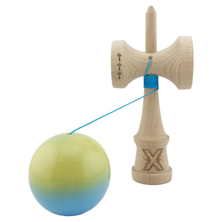 Kendama X Originala, Profesionala, Cyrax, Big Cups V2, Super Sticky cu Cupe Mari, din lemn 18 cm, Rulment Metalic cu Ata 55 cm, Galben/Albastru