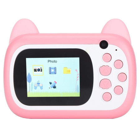 Camera Instantanee pentru Copii, Cyrax, Camera Frontala + Selfie, cu Functie de Printare, Cablu USB-C, Bluetooth, Compatibil iOS/Android, Imprimare APP, Model Pisica Smiley Face, Roz