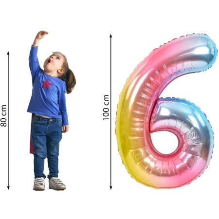 Balon din Folie Metalizata Gradient Cyrax, Figurina Cifra, Tema Aniversare 100 cm, Ambalaj Individual, Pai inclus, Umflare cu Aer sau Heliu, Multicolor, Cifra 6