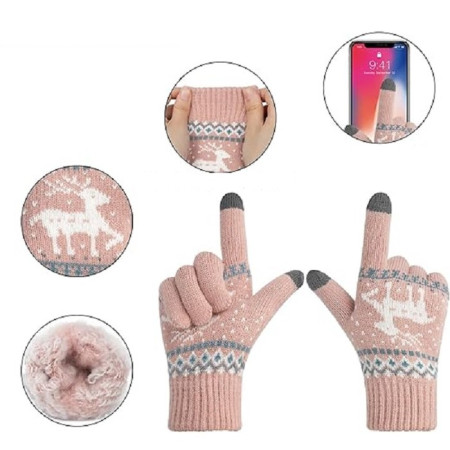 Manusi de Dama,  Model Ren, Functie Touchscreen (ecran tactil), Material Acril Tricotat, Manseta Elastica, Interior Catifelat, Marime Universala, Roz