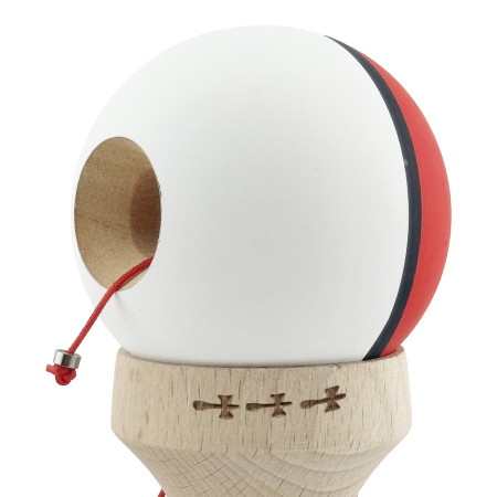 Kendama X Originala, Profesionala, Cyrax, Cupe Mari KING SIZE V3, Rubber Grip, Gaura in Baza, Rulment Metalic, din lemn 18 cm, Ata 62/65 cm, S Bicolor Rosu/Alb