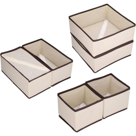 Organizator pentru Sertar,  3 Marimi, pentru Lenjerie, Tricouri, Sosete, 6 Piese, Pliabil, Stivuibil, din Tesatura, Alb/Maro
