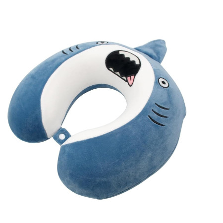 Perna de Calatorie in Forma de U,  Pentru Gat si Cap, Umplutura din Spuma cu Memorie, 30x30 cm, Model Rechin, Accesoriu de Voiaj, Birou, Masina, Sistem Prindere Capse, Albastru