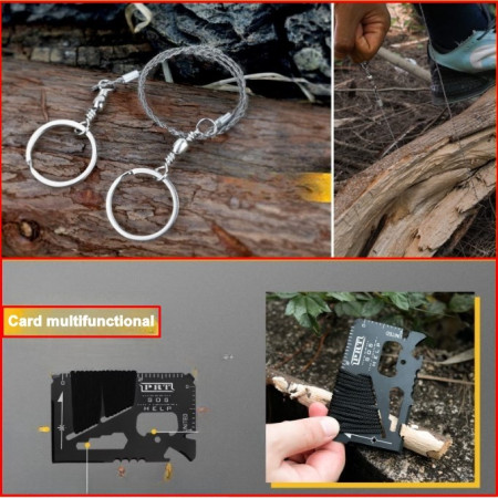 Kit supravietuire multifunctional 16 in 1  Instrumente profesionale, Agatatoare ghiozdan, pentru Camping, Drumetii, Aventuri in aer liber, borseta inclusa, negru