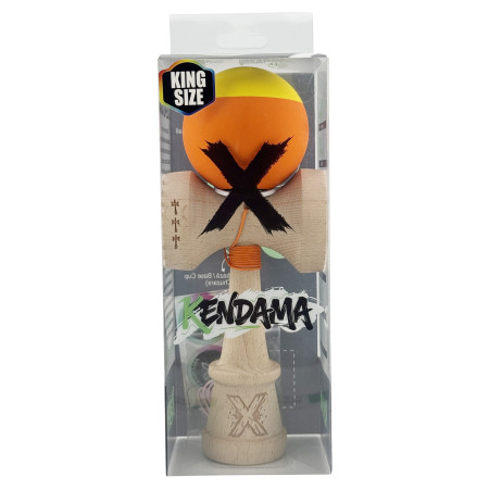 Kendama X Originala, Profesionala, Cyrax, Rubber Grip, Cupe Mari KING SIZE V3, Gaura in Baza, Rulment Metalic, din lemn 18 cm, Ata 62/65 cm, Bicolor Galben/Portocaliu