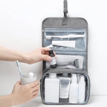 Geanta cosmetice voiaj, Cyrax, material panza, impermeabil, 3 compartimente, cu agatatoare, Gri, 47 x 28 x 20   cm