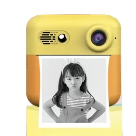 Camera Instantanee pentru Copii, Cyrax, cu Functie de Printare, Cablu USB-C, Bluetooth, compatibil iOS/Android, Imprimare APP, Model Urechi, Snur Subtire Inclus, Portocaliu