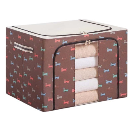 Cutie de Depozitare Pliabila,  66 L, din Tesatura Oxford, 50x40x33 cm, Fereastra Frontala, 2 Usi de Acces cu Fermoar Bidirectional, Cadru Metalic, Suport Baza Stabil din Plastic, Imprimeu Catelusi, Maro