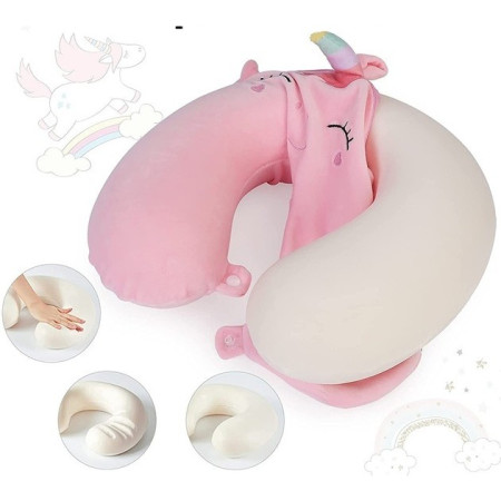 Perna de Calatorie in Forma de U,  Pentru Gat si Cap, Umplutura din Spuma cu Memorie, 30x30 cm, Model Unicorn, Accesoriu de Voiaj, Birou, Masina, Sistem Prindere Capse, Roz