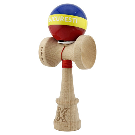 Kendama X Originala, Profesionala, Cyrax, Tricolor Edition BUCURESTI, Super Sticky cu Cupe Mari KING SIZE V3, Rulment Metalic si Gaura in Baza, din Lemn 18 cm, Ata 62/65 cm, Multicolor