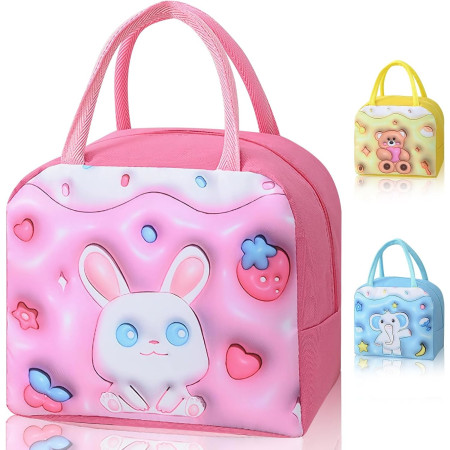 Geantă Frigorifică, Cyrax, cu Desene Animate 3D, Portabilă pentru Copii, de Prânz, din Pânză Oxford, 23x13x19 cm, Model Iepuras, Roz