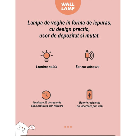 Lampa de veghe portabila cu 2 moduri de functionare  silicon non-toxic, reincarcabila USB, senzor miscare, alb, iepuras