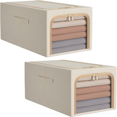 Cutie de Depozitare,  31L, din In si Bumbac, Pliabila, Cadru din Otel, 45 x 30 x 23 cm, Kaki