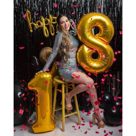 Balon din Folie Metalizata Cyrax, Figurina Cifra, Tema Aniversare 80 cm, Ambalaj Individual, Pai inclus, Umflare cu Aer sau Heliu, Auriu, Cifra 8