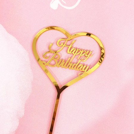 Decoratiune Topper pentru Tort, Cyrax, Model Inimioara Scris Happy Birthday, Tematica Aniversare, Auriu